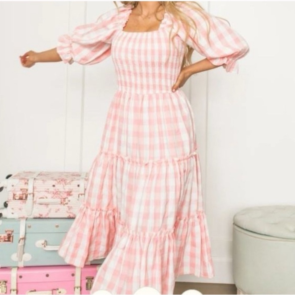 Ivy City Mia Gingham Midi Maxi Dress Size Small Pink White NWT Cotton Smocked